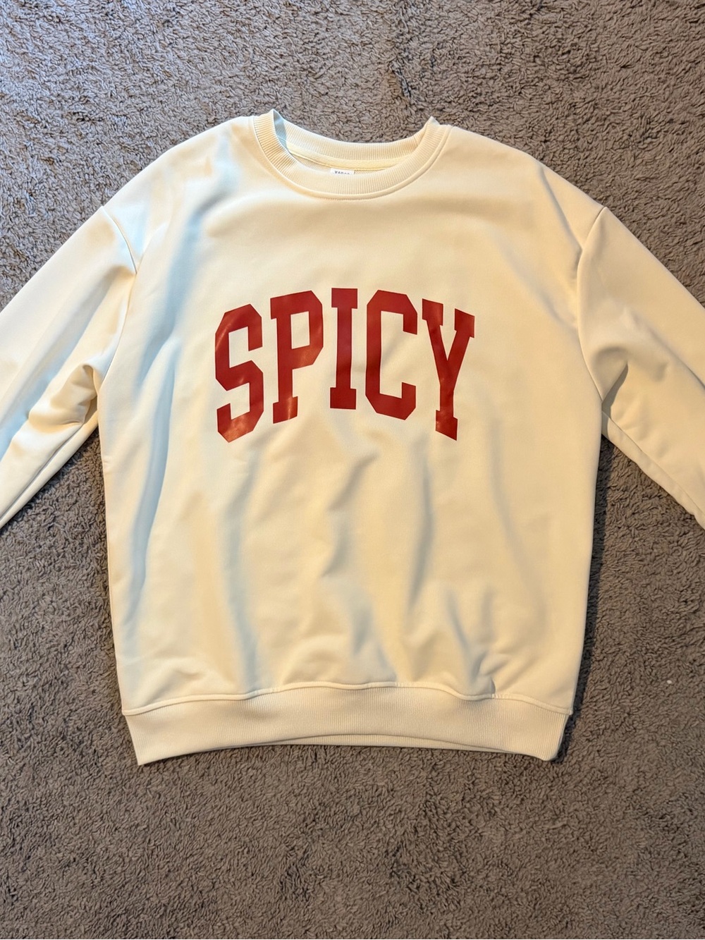 Cream Sweatshirt with Red 'SPICY' Graphic